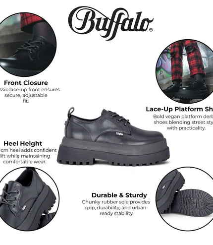 Buffalo Women's Black Lace-Up Chunky Platform Derby Shoes - Pluto