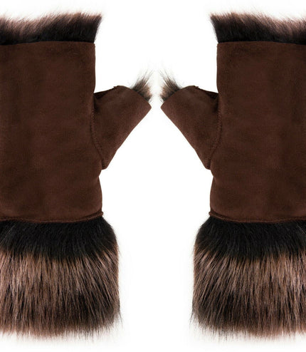 Womens Shearling  Mittens Fingerless Cuffs Toscana Suede Sheepskin Fur - Brown Gold