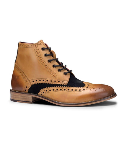 Mens Classic Oxford Tan Leather Gatsby Brogue Ankle Boots With Navy Suede