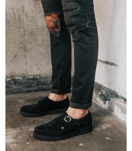 TUK Pointed Creeper Black Suede Monk Buckle Platform Shoes - A8139