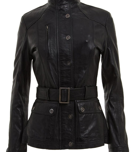 Womens Military Style Leather Biker Jacket-Phoenix - Black