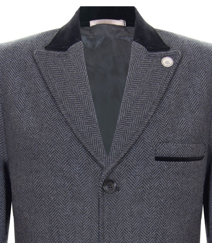 Mens 3/4 Long Grey Overcoat Jacket Herringbone Tweed Coat Peaky Blinder