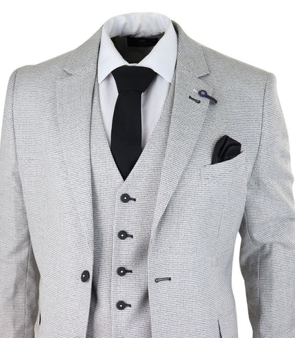 Mens 3 Piece Light Grey Check Tweed Retro Classic Suit