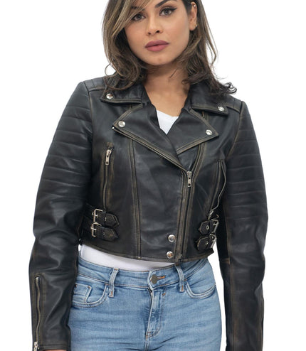 Womens Cropped Brando Leather Biker Jacket-Damascus - Silver