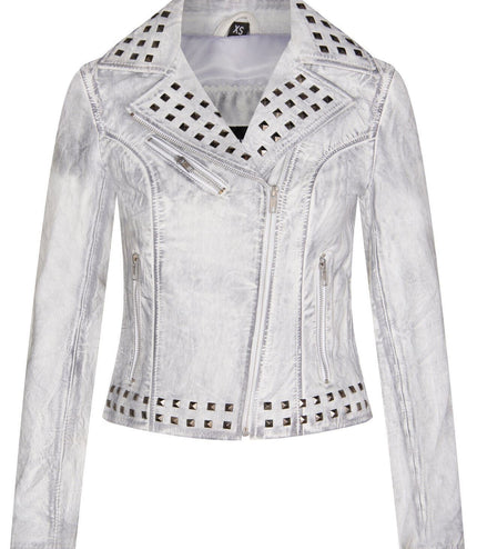 Womens Gothic Biker Leather Jacket with Studs-Bilbao - White