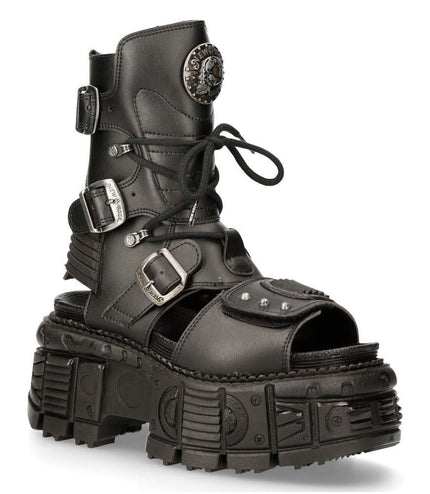 New Rock Unisex Black Vegan Leather Sandal Boots- Bios107-V1