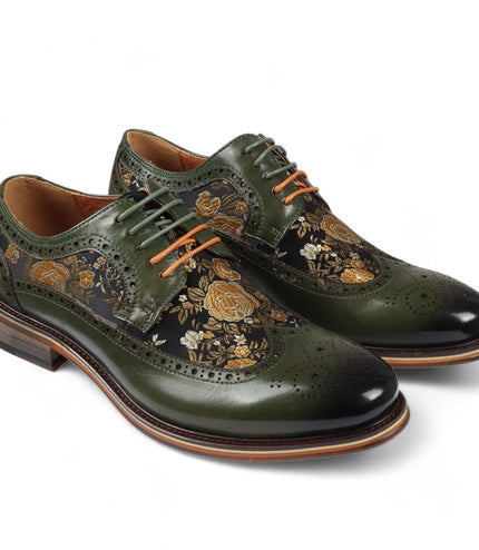 Justin Reess Men's Green Leather Floral Print Brogue Dress Shoes - Ross