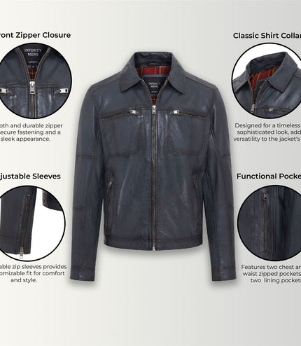 Men's Vintage Classic Short Soft Leather Biker Jacket - Navy