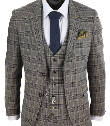 Mens 3 Piece Tan Brown Herringbone Check Suit