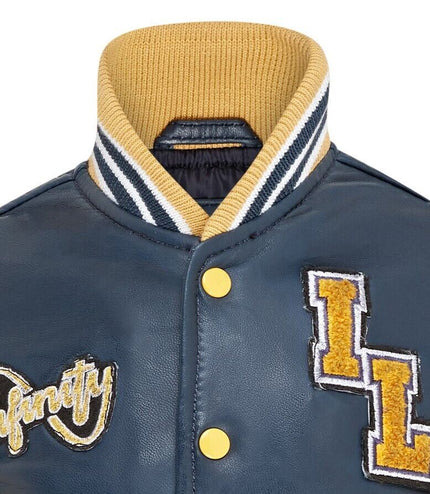 Kids Blue Letterman Leather Varsity College Bomber Jacket