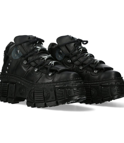 New Rock Metallic Ankle Black Leather Boots-WALL106-S12