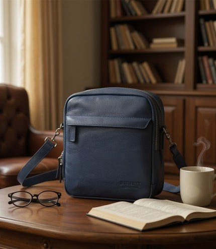 Genuine Leather Navy Vintage Messenger Crossbody Travel Bag - Hawthrone