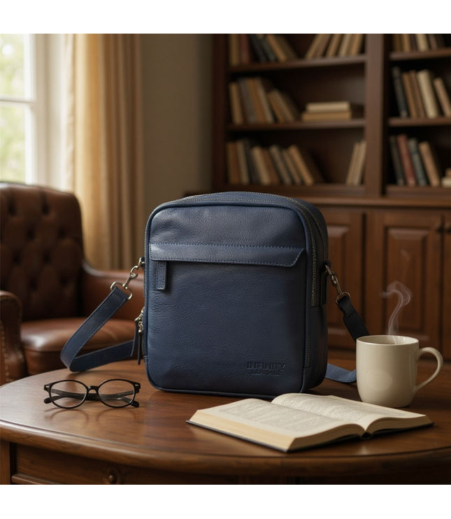 Genuine Leather Navy Vintage Messenger Crossbody Travel Bag - Hawthrone