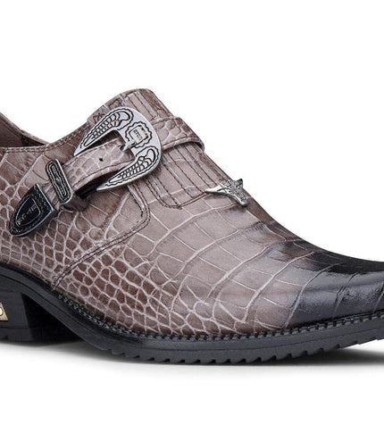 Men's Brown Croc Leather Winklepicker Cuban Biker Boots