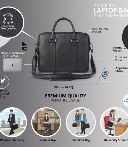 Genuine Leather Black Laptop Business Briefcase Office Work Travel Bag - Sutton