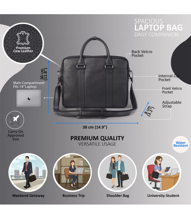 Genuine Leather Black Laptop Business Briefcase Office Work Travel Bag - Sutton