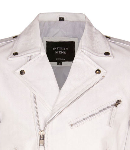 Mens Fringe Hide Leather Biker Jacket- Tokyo - White