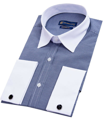 Mens Club Collar Navy Blue Shirt 1920s Peaky Blinders With Bar Poplin Pin Smart