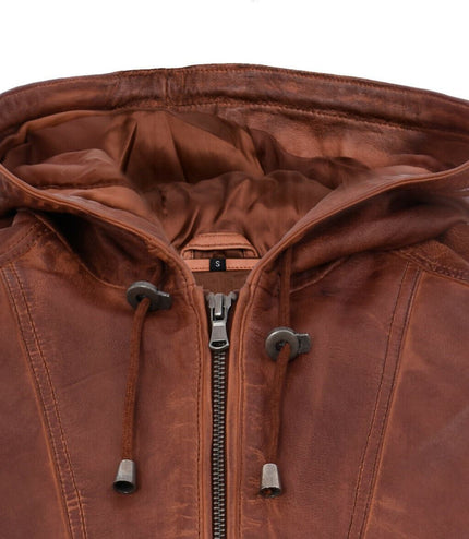 Men's Casual Leather Hooded Bomber Jacket-Odesa - Tan