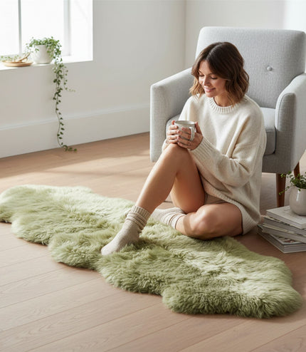 Genuine Sheepskin Green Double Natural Fluffy Silky Soft Real Wool Rug