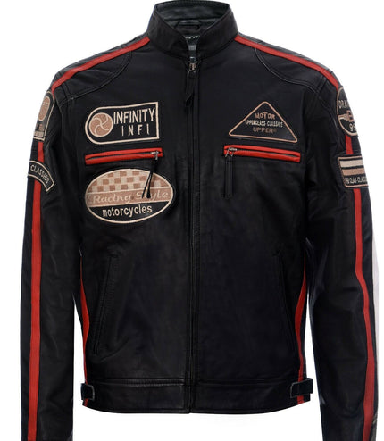 Mens Racing Leather Biker Jacket-Portland - Black