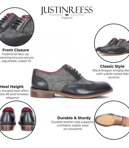 Justin Reess Men's Black Leather Tweed Brogue Shoes - Albert