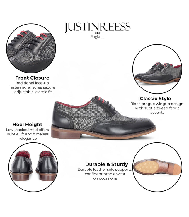 Justin Reess Men's Black Leather Tweed Brogue Shoes - Albert