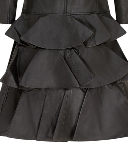 Womens Goth Black Leather High Collar Victorian Flare Tailcoat - Challa