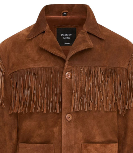 Men's Retro Tan Cowboy Suede Leather Fringe Jacket - Western