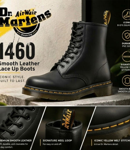 Dr Martens 1460 Black Smooth Leather 8-Eye Combat Boots - 11822006