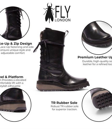 Fly London Women’s Black Leather Mid-Calf Long Boots - HEIG229