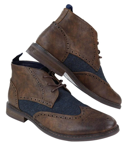 Mens Classic Tweed Oxford Brogue Ankle Boots In Brown Leather
