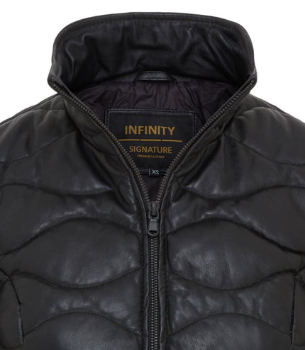 Womens Puffer Warm Quilted Leather Bomber Jacket - Black