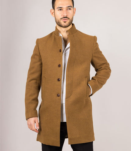 Men's Tan Stand Collar Wool Blend Overcoat