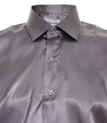 Mens Silver Satin Silk Shirt Smart Casual Button Down Cuff Tailored Fit