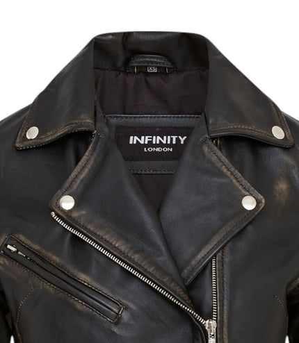 Women's Classic Brando Biker Leather Jacket - Broome - Vintage Black
