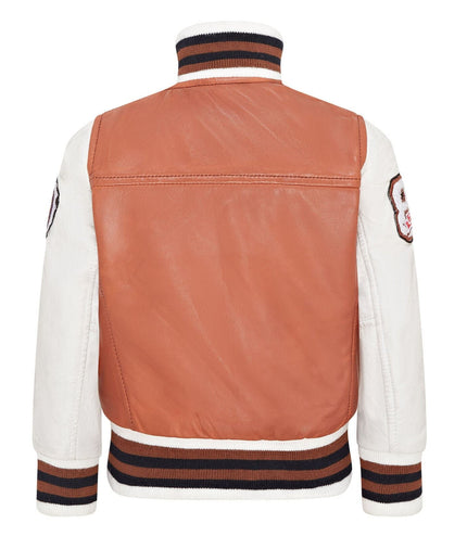 Kids Tan Letterman Leather Varsity College Bomber Jacket