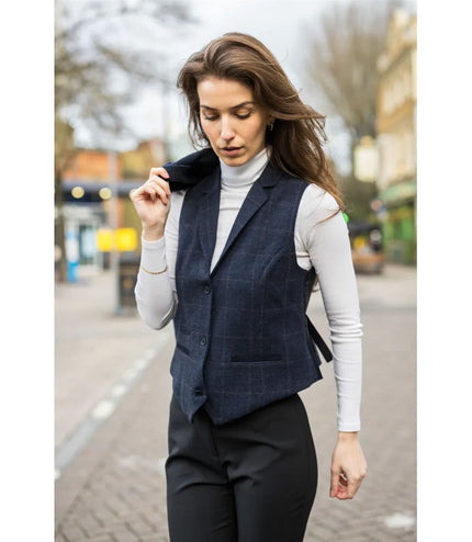 Women's Navy Tailored Fit 2 Piece Set Tweed Formal Blazer Waistcoat