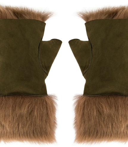 Womens Shearling  Mittens Fingerless Cuffs Toscana Suede Sheepskin Fur - Olive