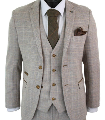 Mens 3 Piece Beige Tweed Check Vintage Retro Suit