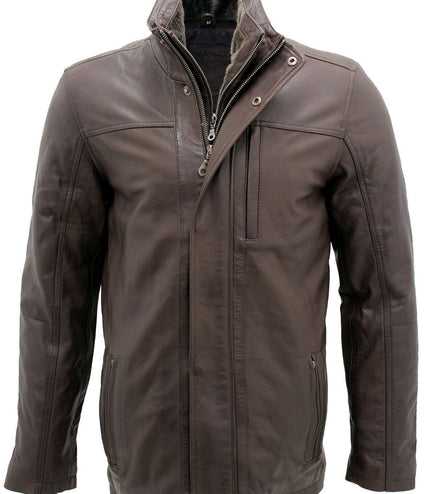 Mens Leather Mid Length Coat-Hanoi - Brown