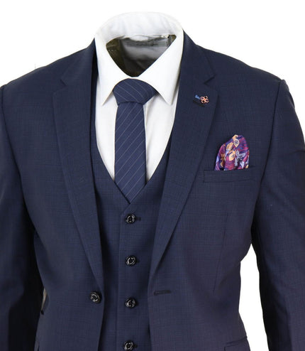 Mens 3 Piece Navy Blue Tailored Fit Retro Classic Suit