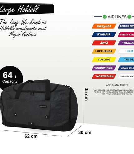 Extra Large Duffel Weekend Holdall Carry-On Cabin Bag Gym Sports Travel Bag Black