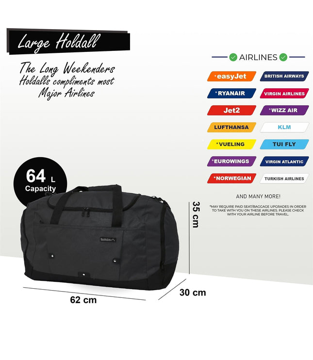 Extra Large Duffel Weekend Holdall Carry-On Cabin Bag Gym Sports Travel Bag Black