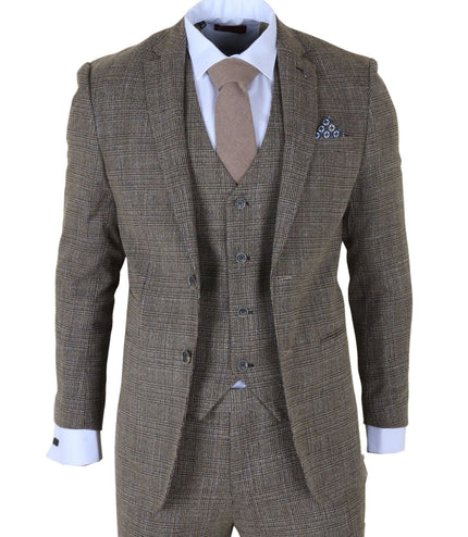 Men's 3-Piece Brown Classic Check Suit Slim Fit Plain Formal Party Suit