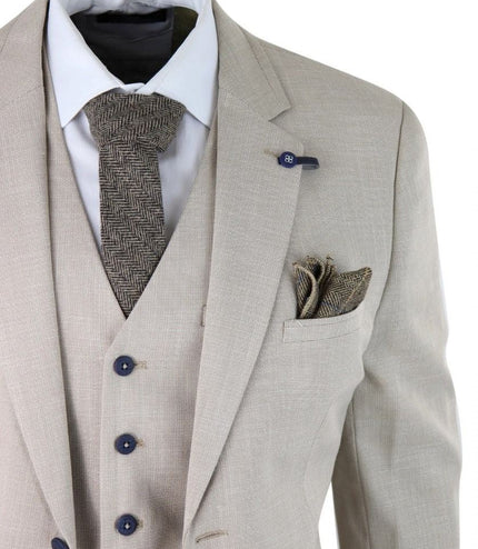 Mens 3 Piece Cream Linen Summer Spring Classic Suit
