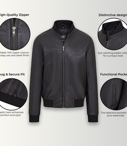 Mens Soft Leather MA-1 Varsity Bomber Jacket - Black