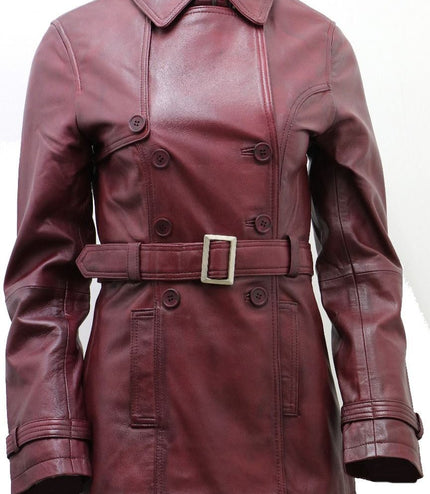 Womens Nappa Leather Trench Coat-Mosul - Burgundy