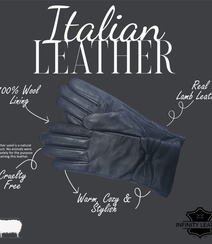 Womens Black Italian Leather Winter Bow Design Soft Wool Lining Gloves - L-GLV-401