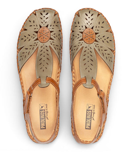 Pikolinos Women's Tan Green Leather Cushioned Wedge Sandal Shoes - P-Vallarta
